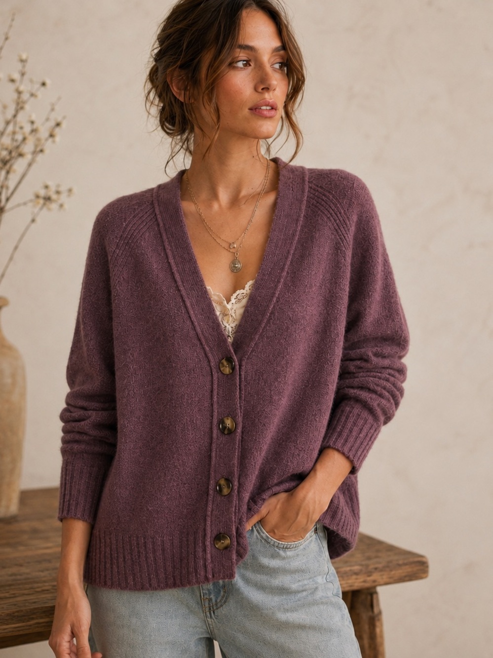Anthropologie RD Style Plum Wool Blend Oversized V-Neck Cardigan
